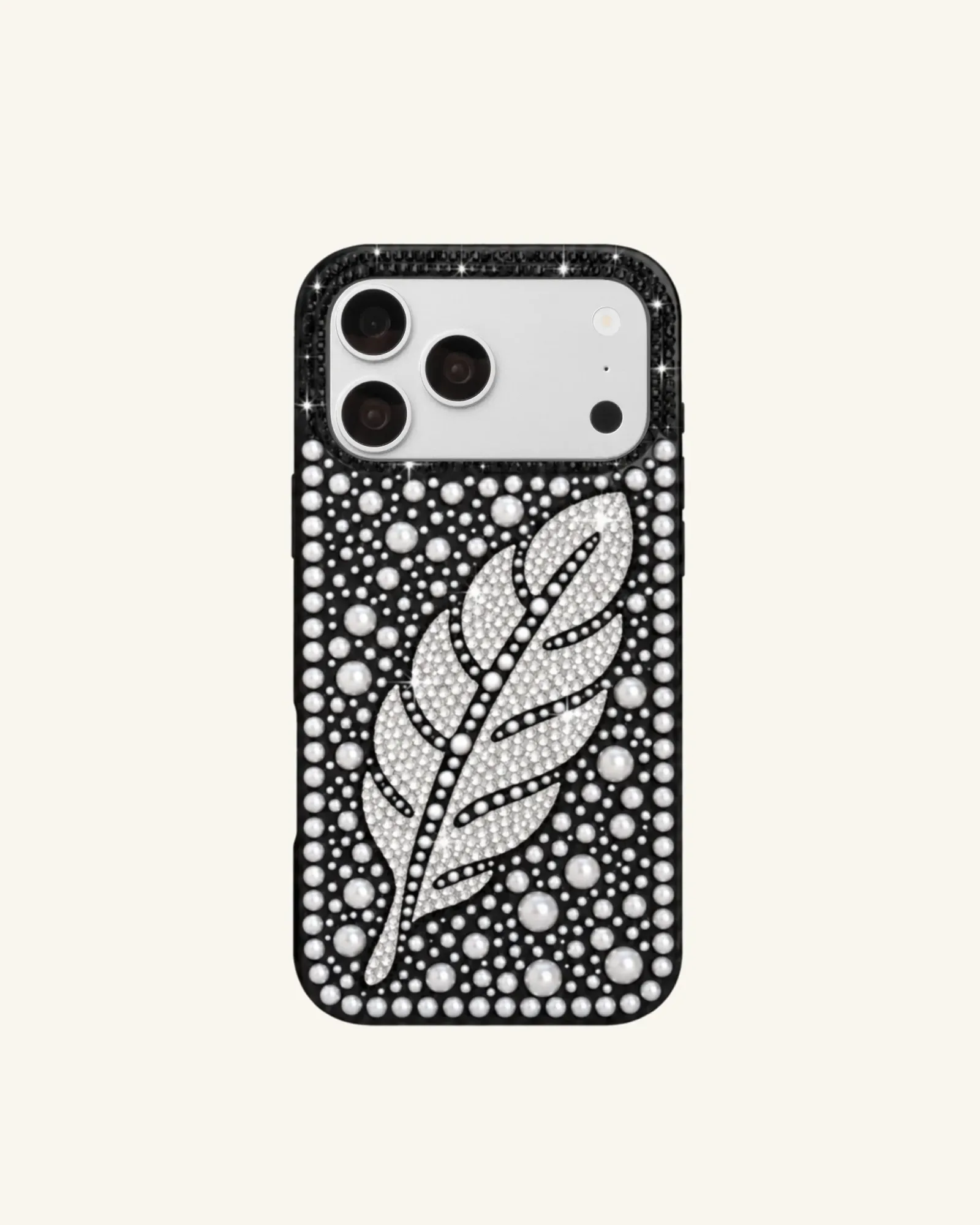 Feather Pearl Rhinestone Phone Case – Black
