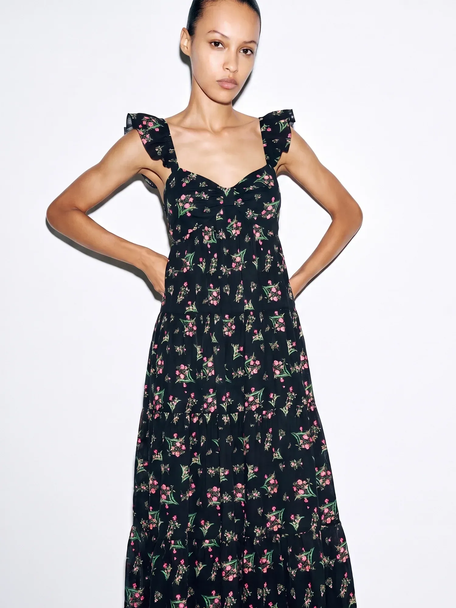 Flutter Sleeve Floral Empire Waist Tier Maxi Dress