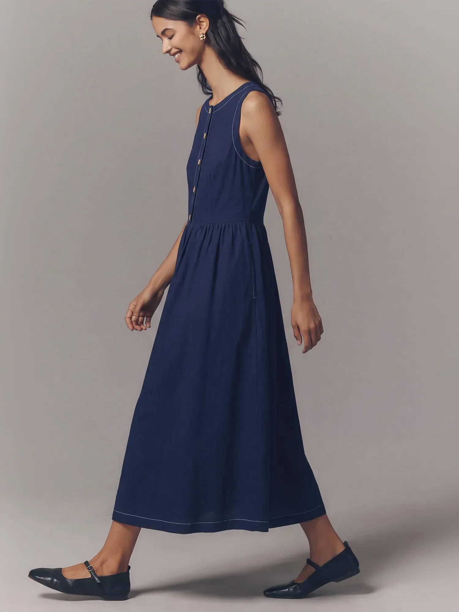 Sleeveless Button Front Denim A Line Maxi Dress