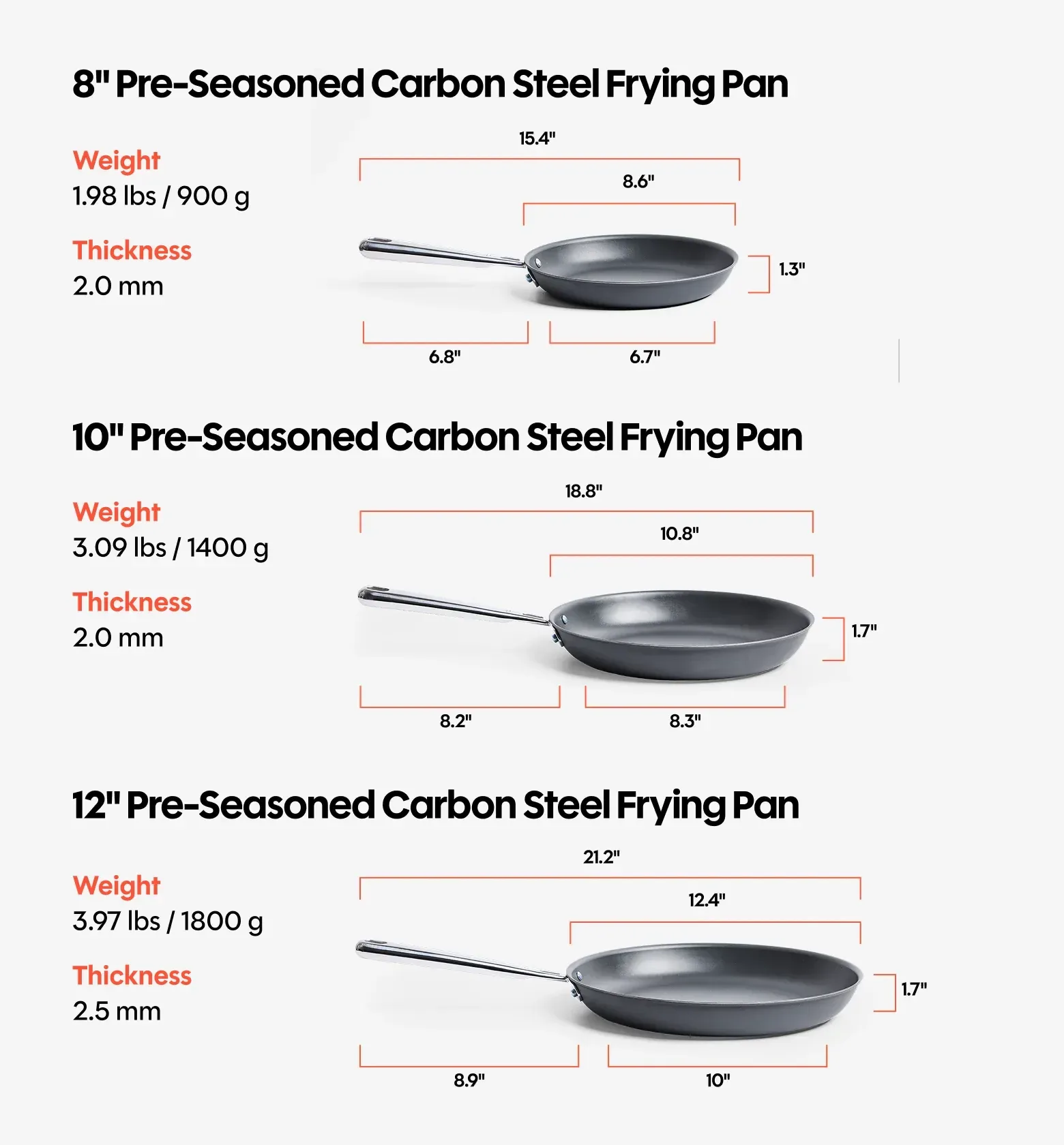 8" + 10" + 12" Pre-Seasoned Carbon Steel Frying Pan