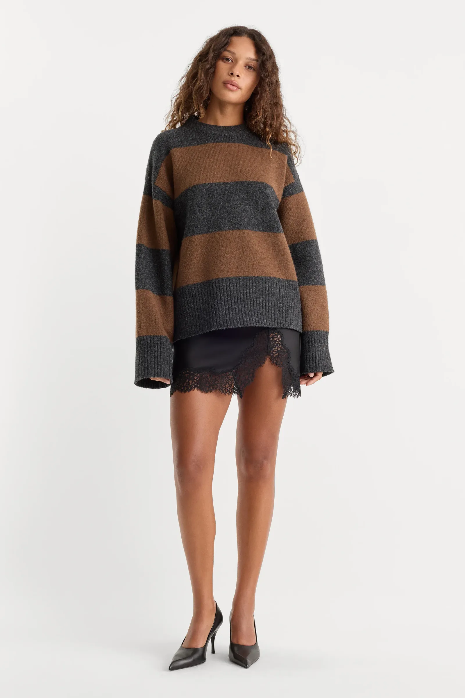 The Oversized Crew Sweater – Charcoal Brown Stripe