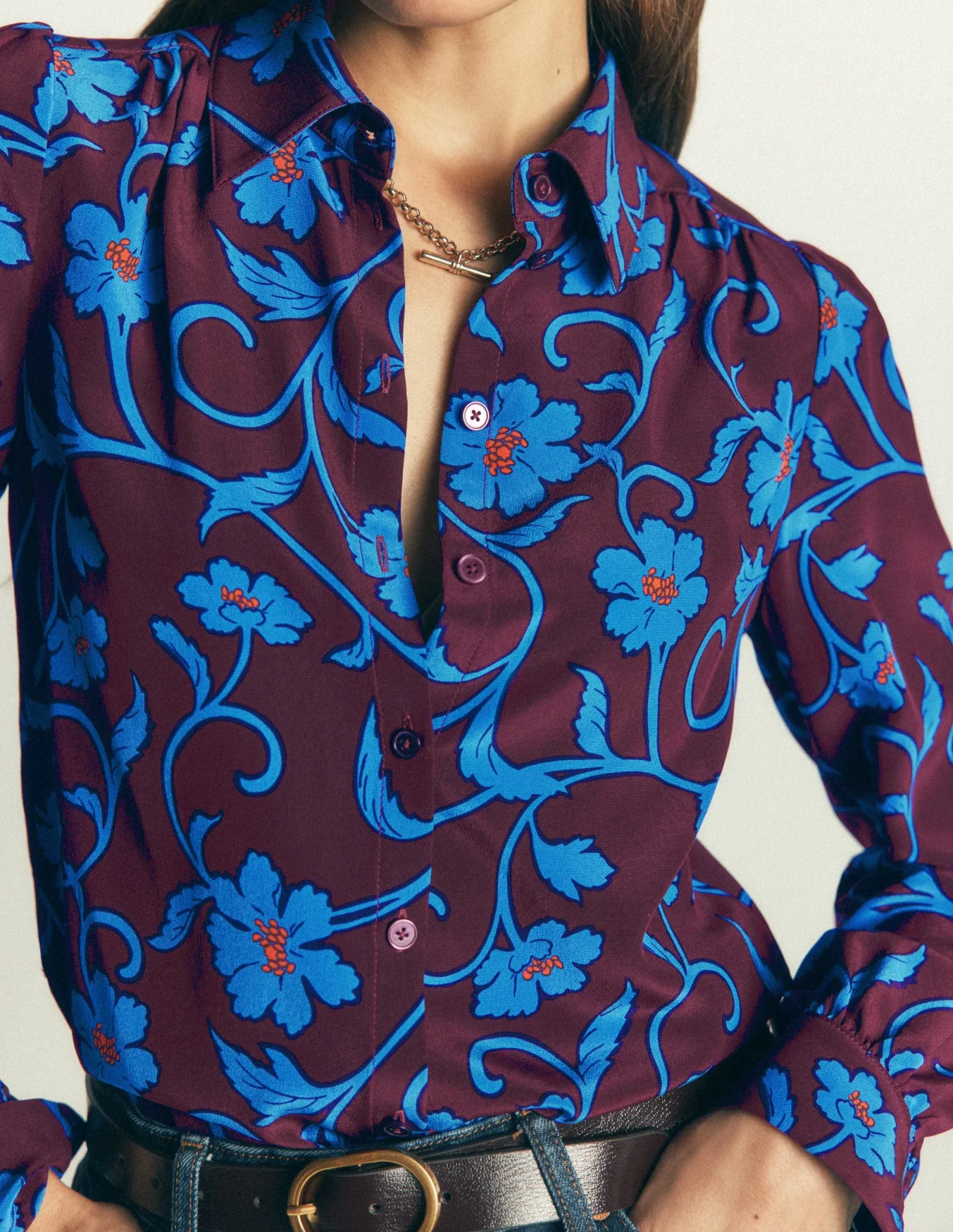 Sara Silk Shirt-Dark Cherry, Entangled Posy