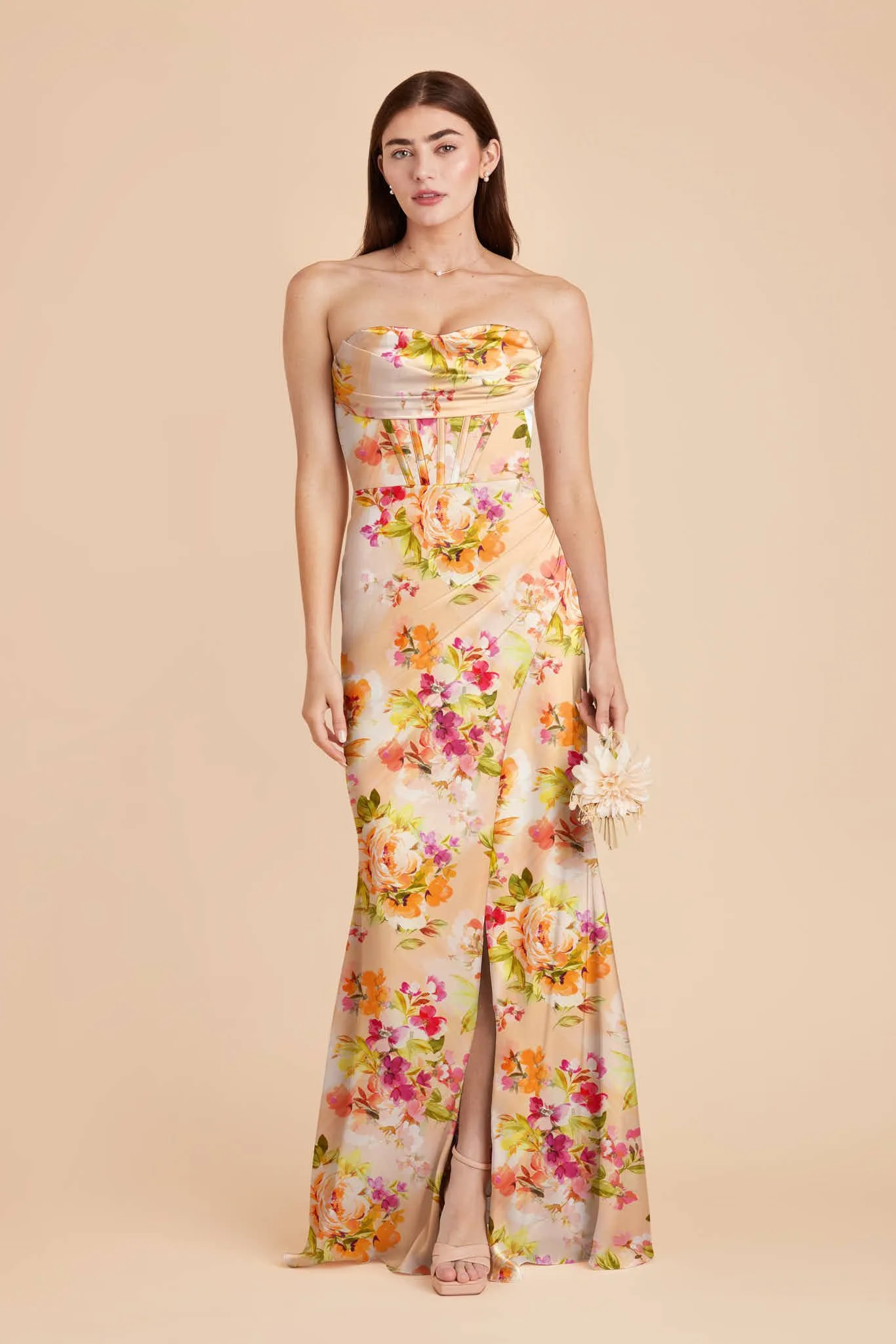 Carrie Matte Satin Dress – Coral Sunset Peonies