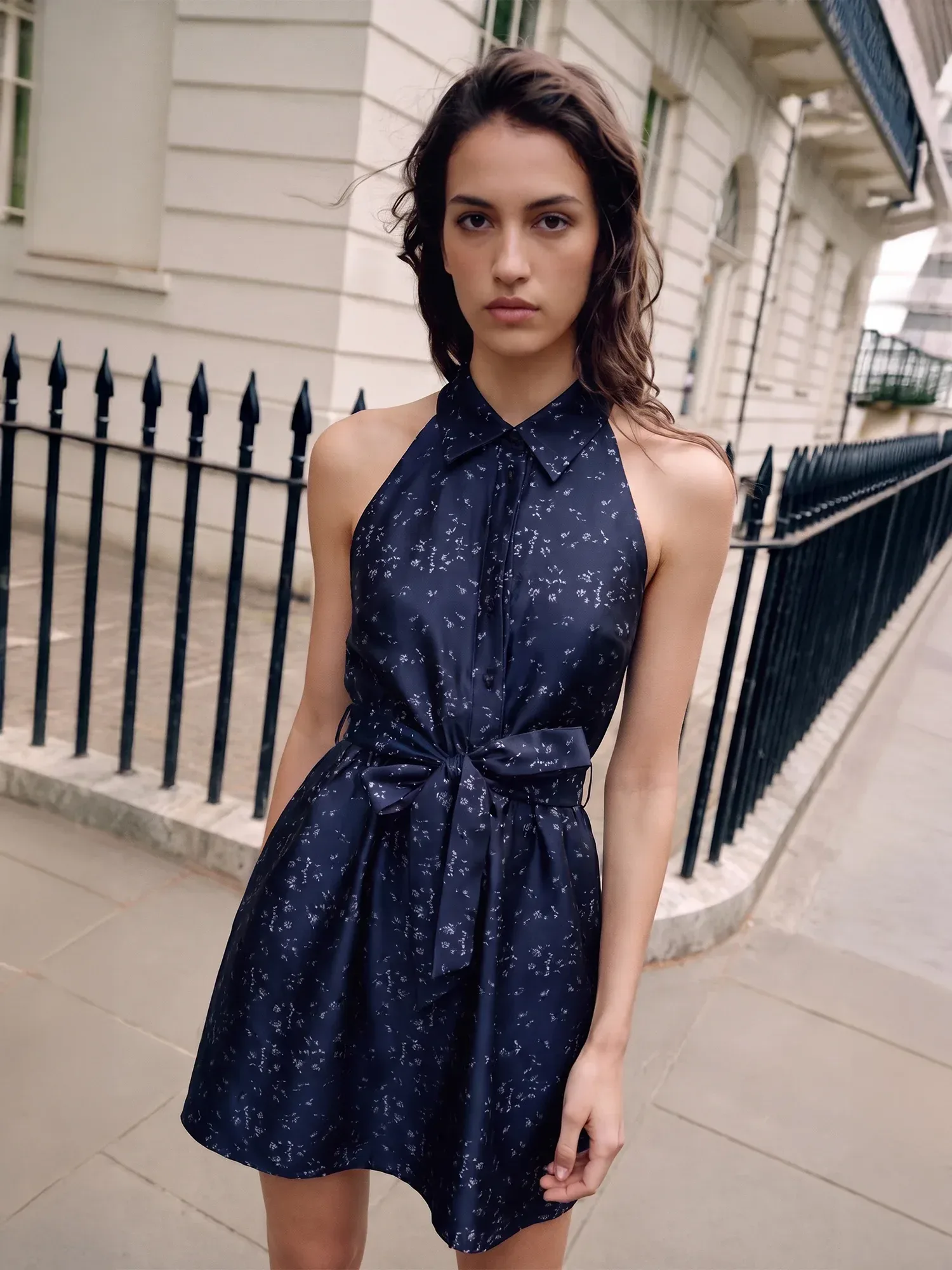 Sleeveless Satin Dot Print Mini Shirt Dress