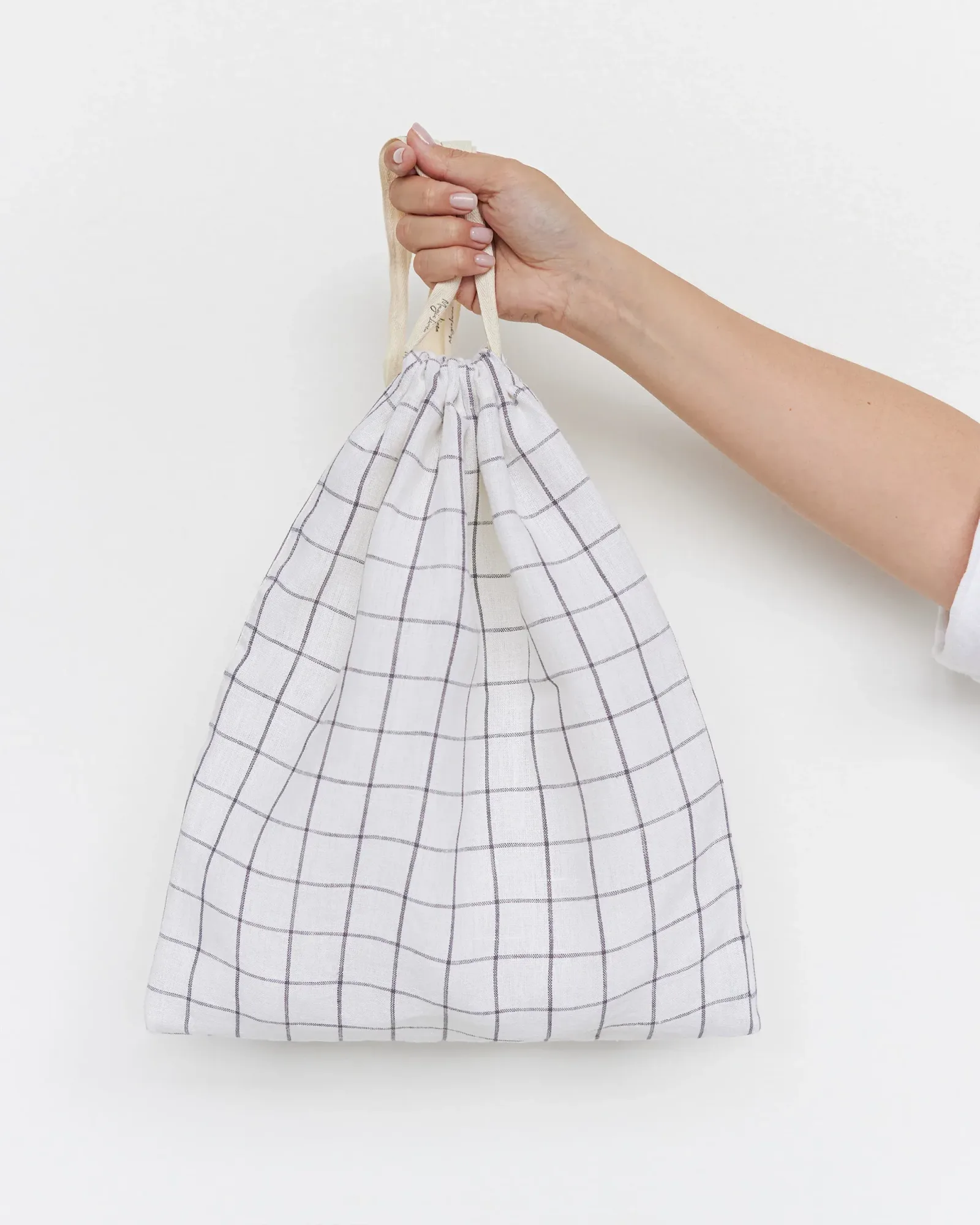 Set of 3 Linen Produce Bags in Charcoal grid