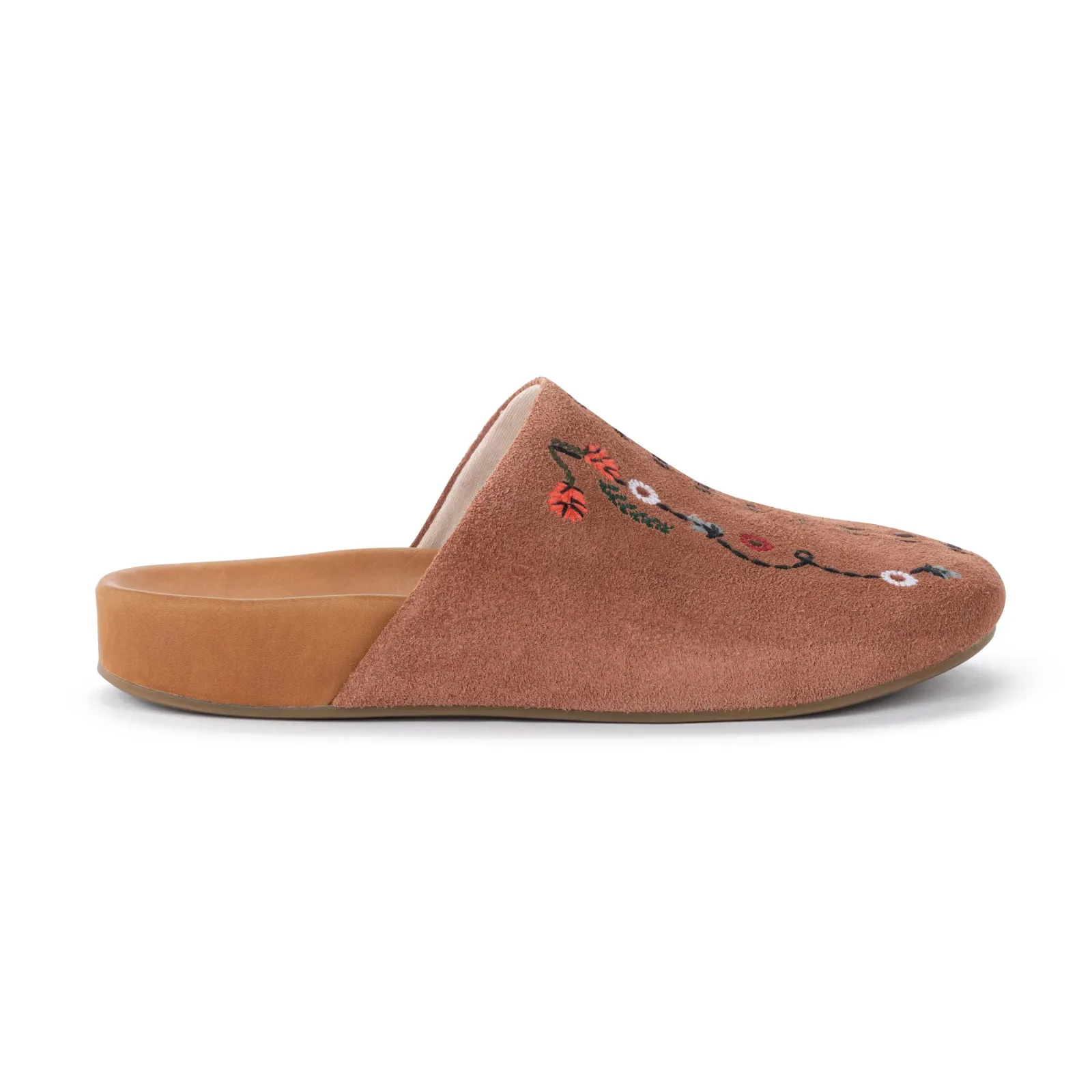 Bolinas Clog – Leather – Tobacco Suede Whimsy Floral Embroidery
