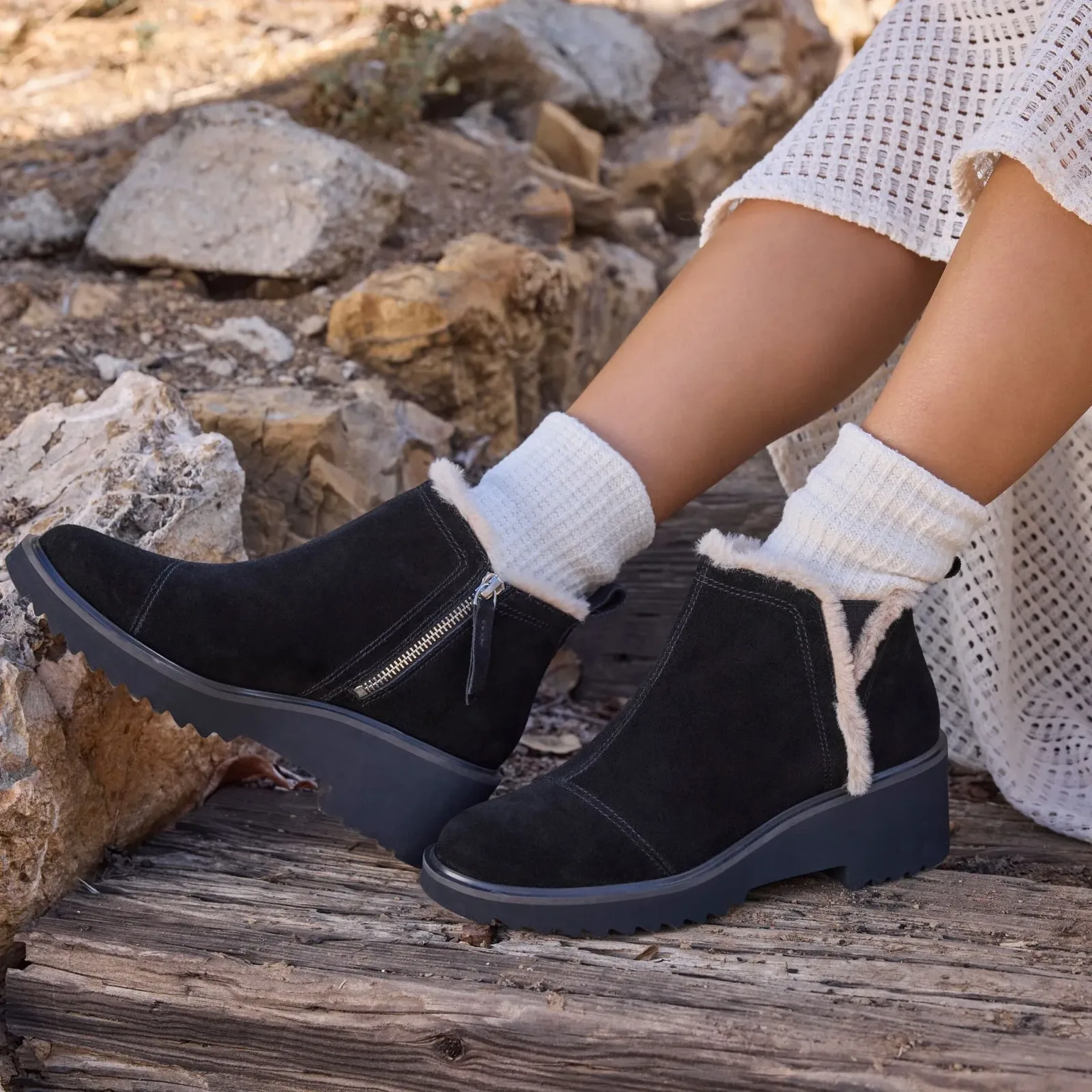Womens Maude Wedge Boot Black Suede Faux Fur