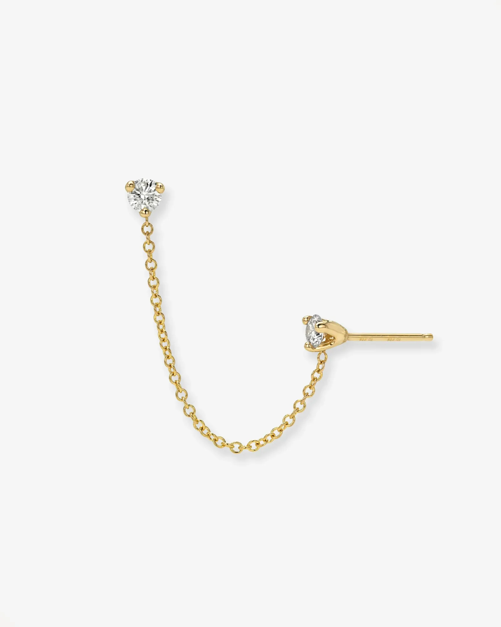 14k 3 Prong Double Diamond Stud Chain Earrings