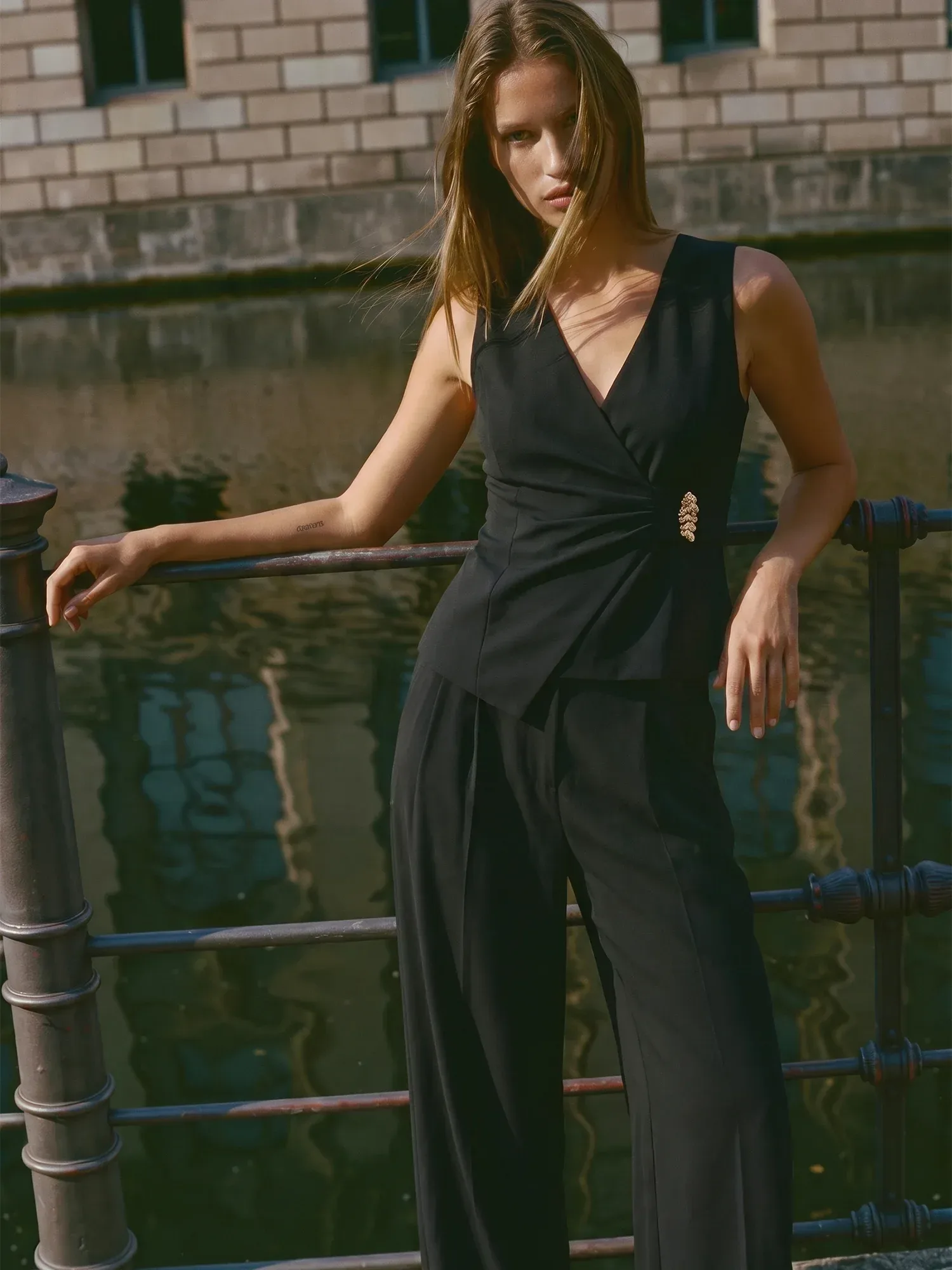 Sleeveless Gold Trim Surplice Top