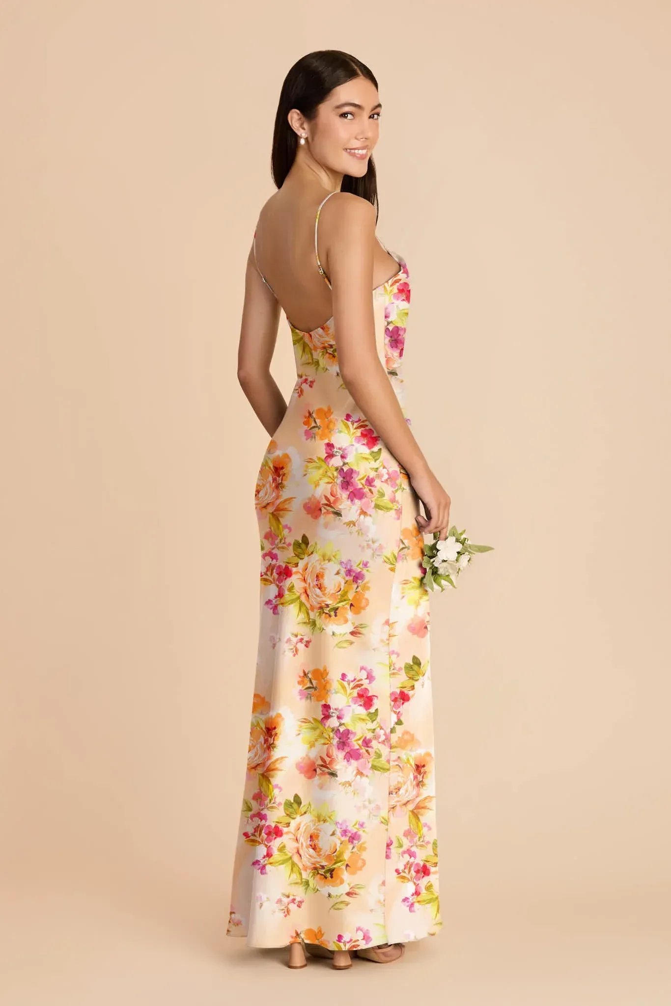 Alyse Matte Satin Dress – Coral Sunset Peonies