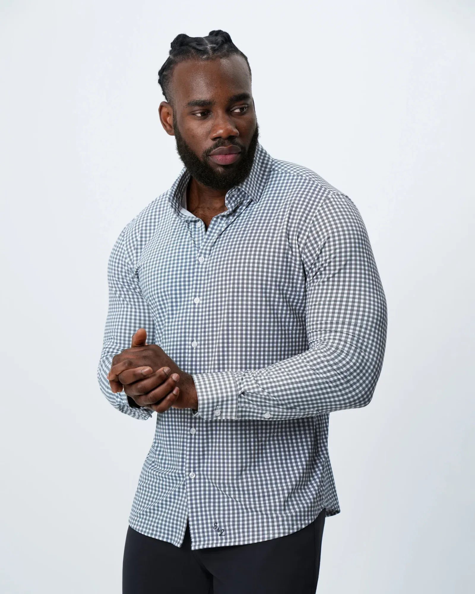 "The Longshore" Sport Shirt – Green and Grey Cross Hatch Windowpane