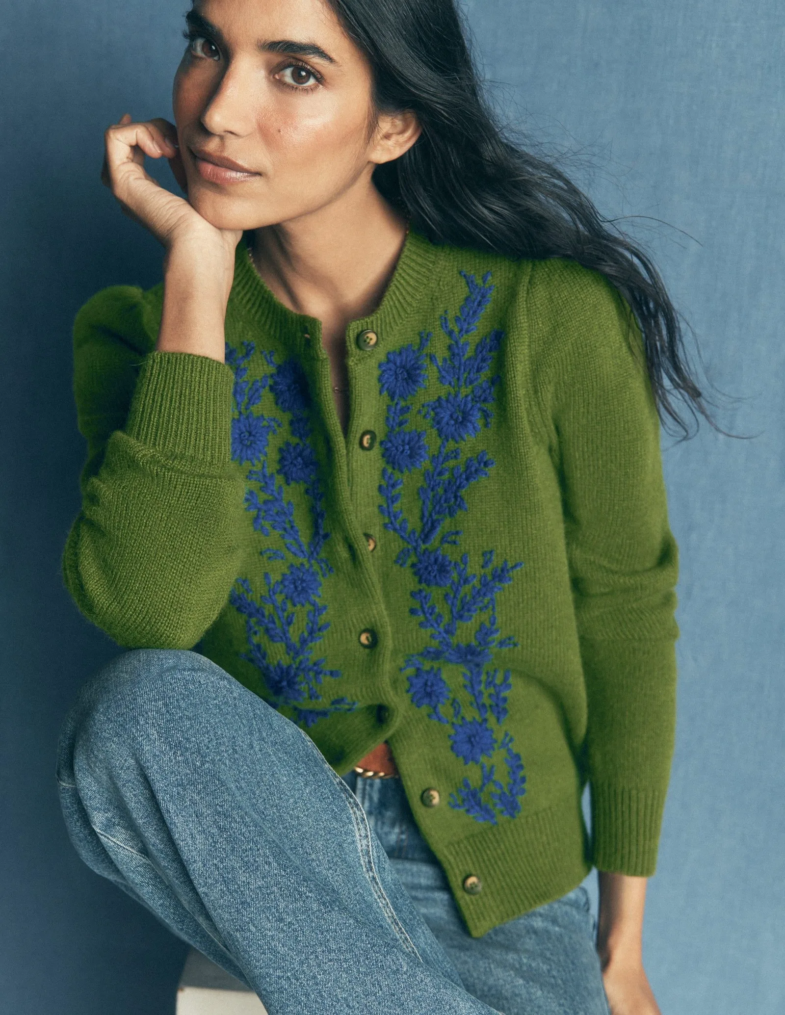Embroidered Knitted Cardigan-Chive
