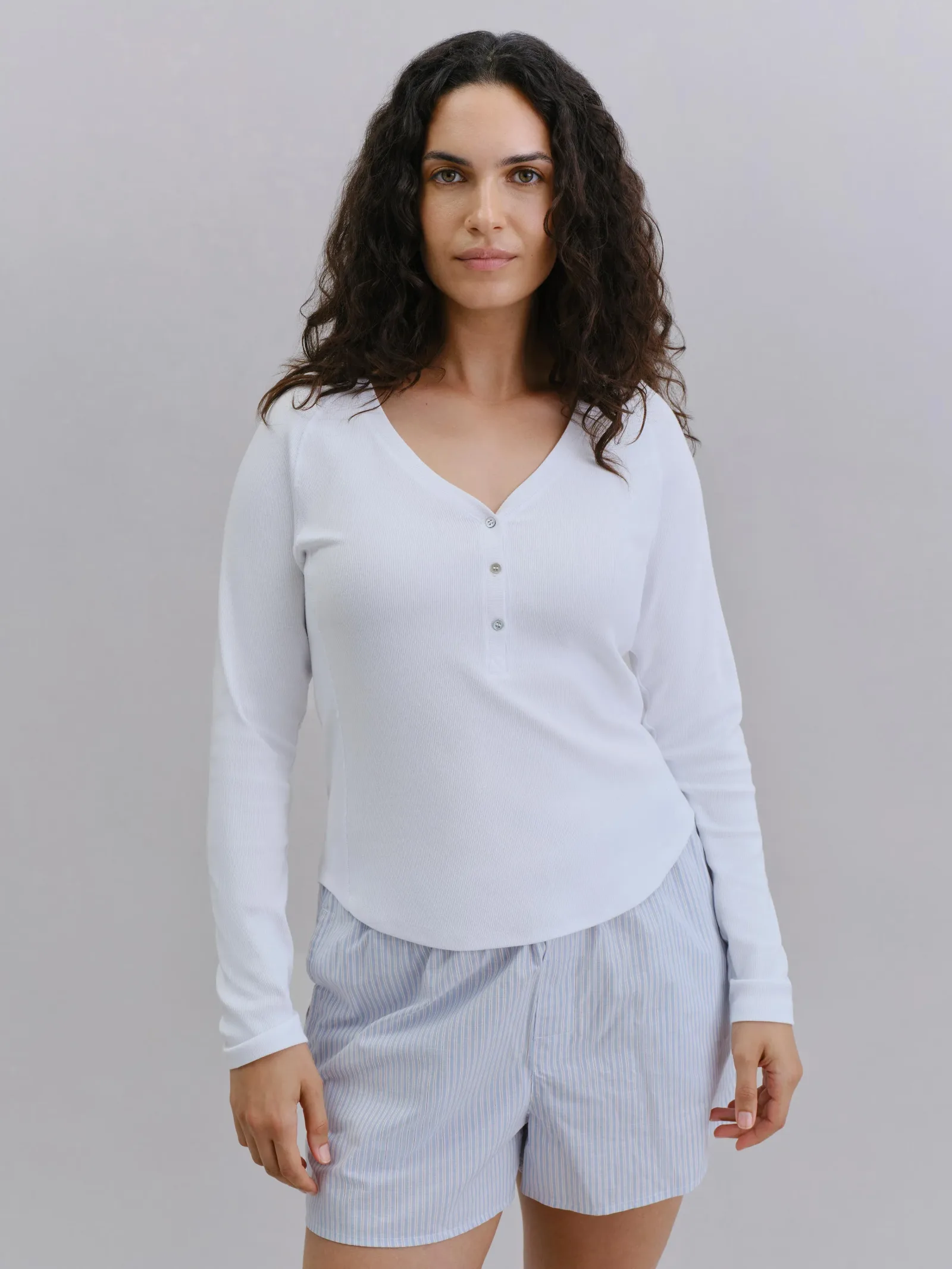 White Henley Long Sleeve Top