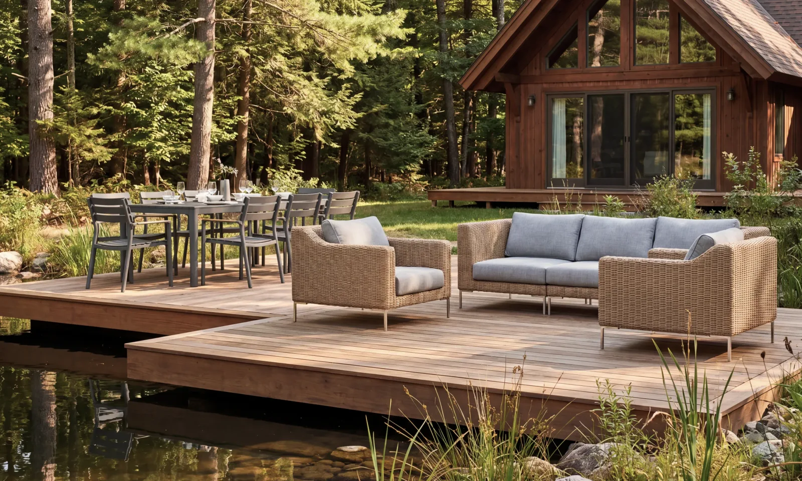 Brown Wicker Sofa + 8 Seat Aluminum Dining Set