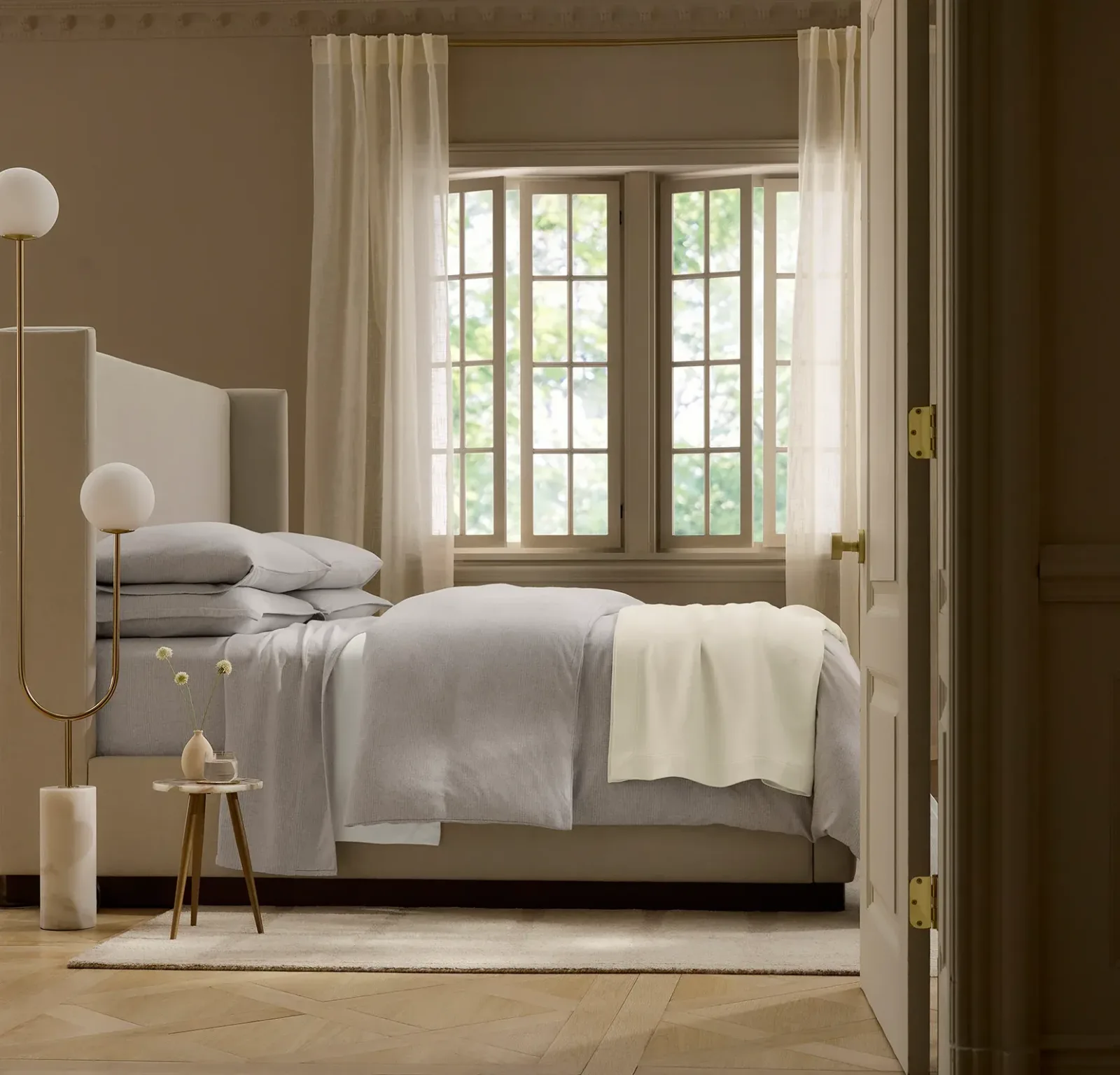 Flannel Sheet Set – Heathered Fog/Cream Fine Line Stripe