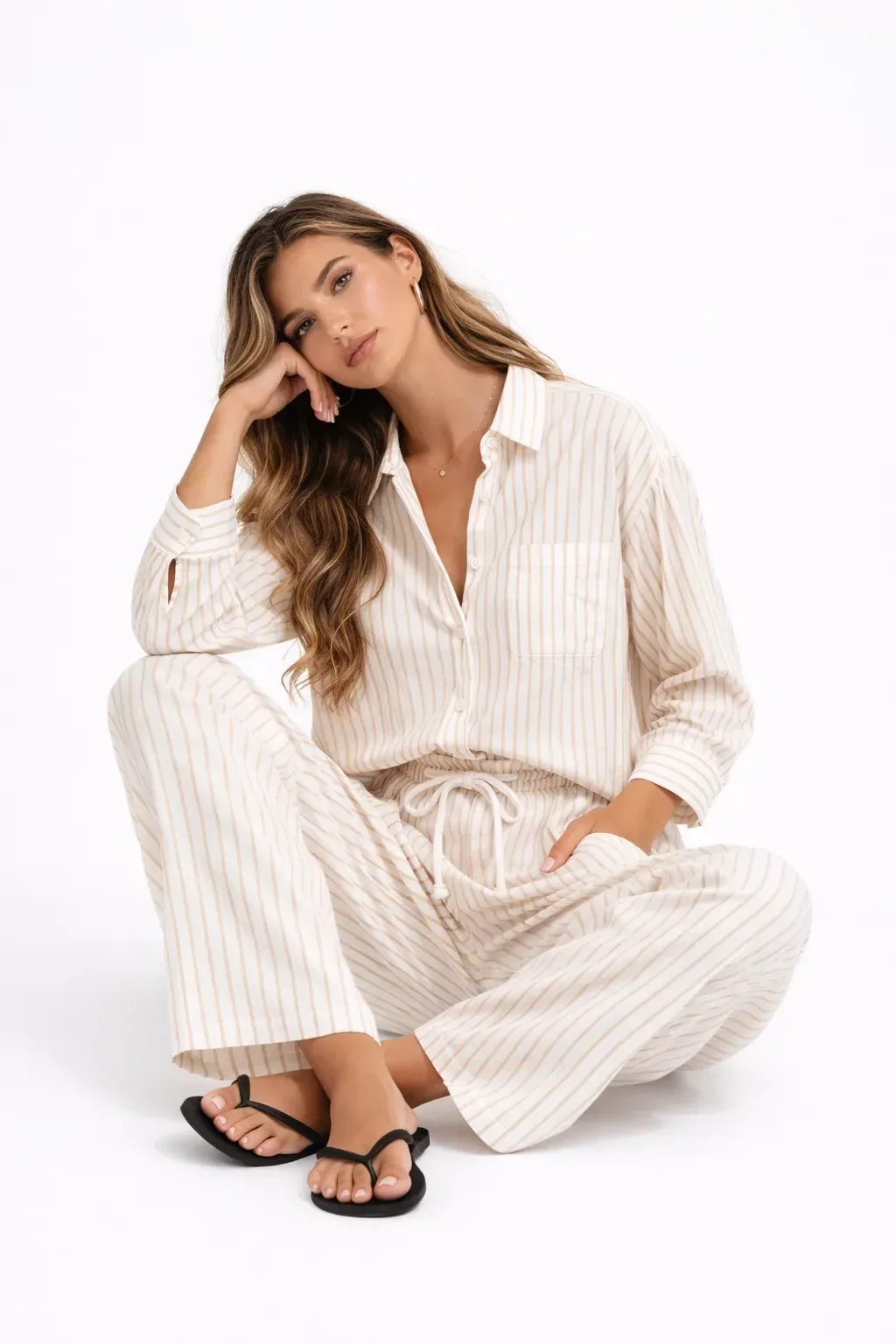 Striped Long Sleeve Shirt and Wide Leg Pants Set