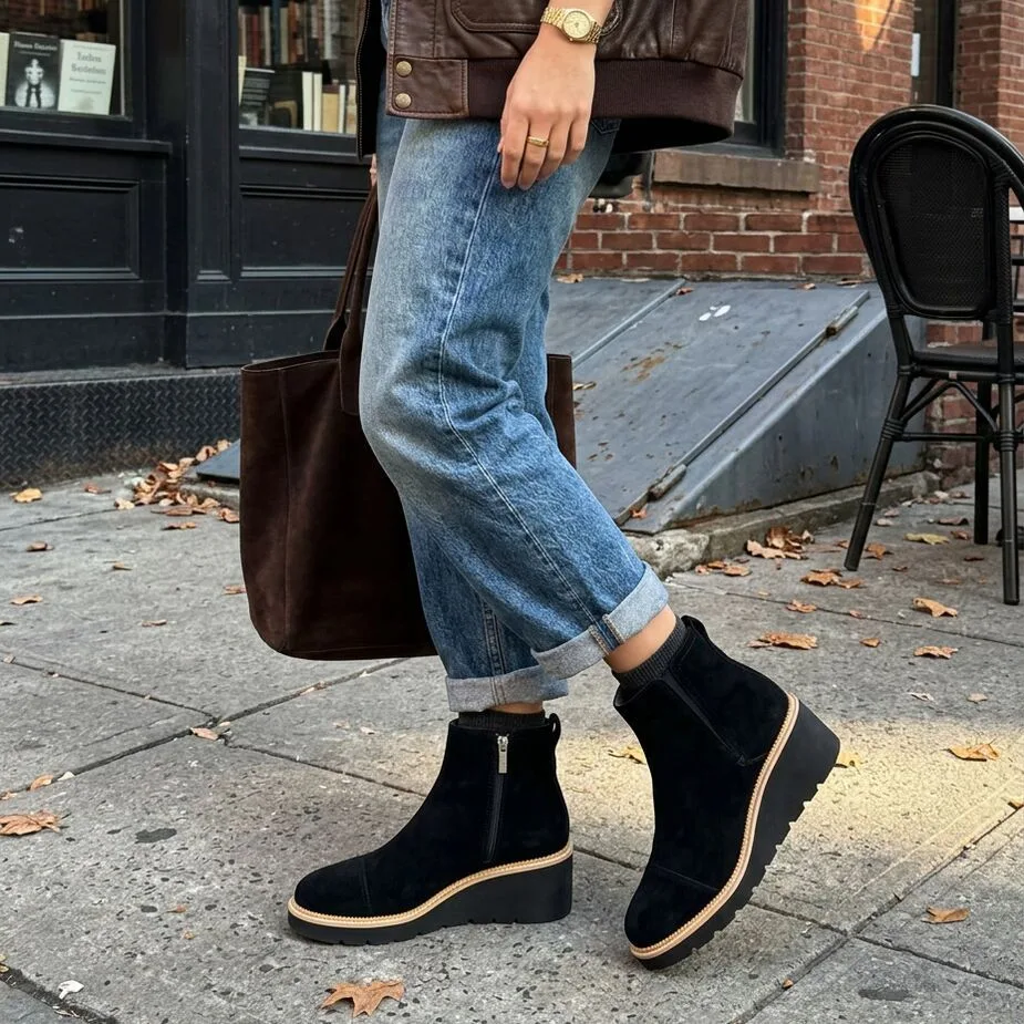 Womens Mina Wedge Boot Water Repellent Black Suede