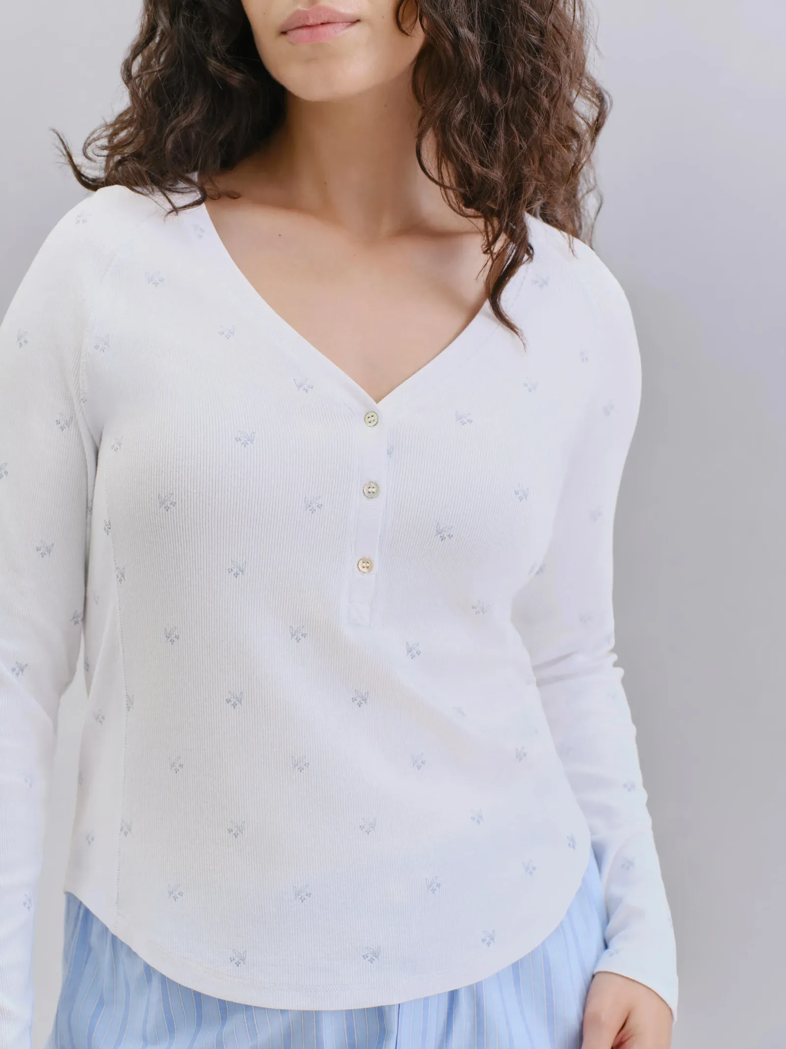 Cove Blue Martha Floral Henley Long Sleeve Top