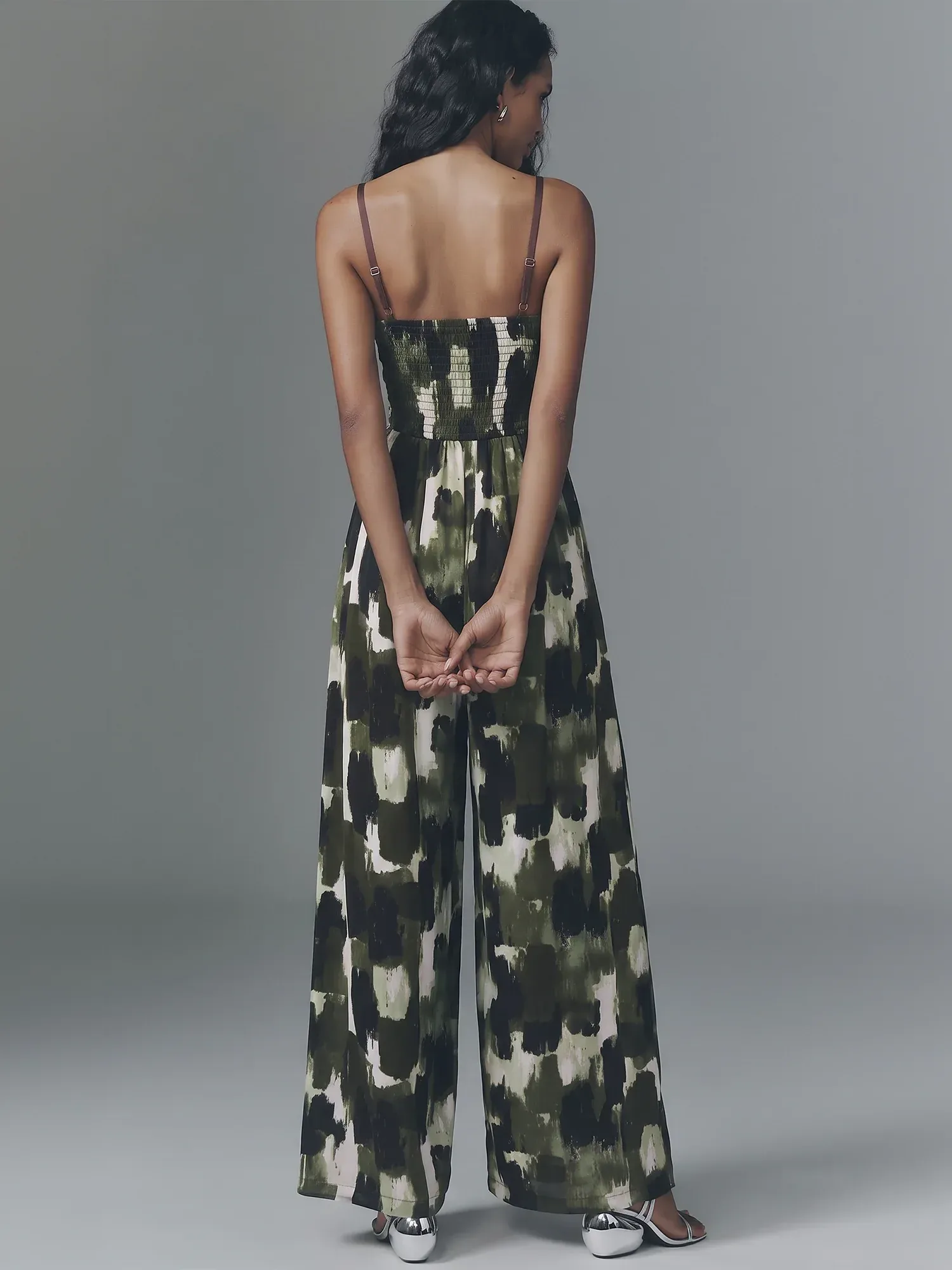 Strapless Smocked Bodice Abstratc Print Jumpsuit