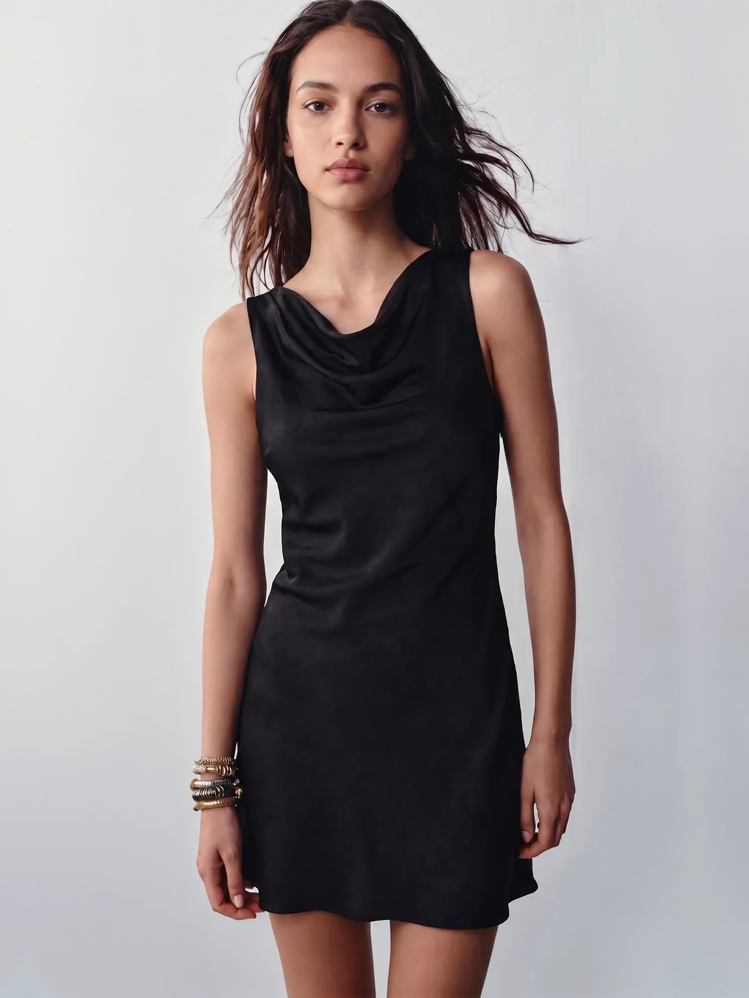 Sleeveless Cowl Neck Satin Mini Dress