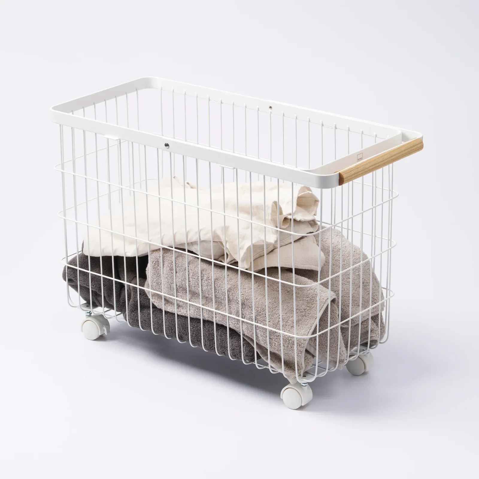 Rolling Wire Basket (15" H) – Steel + Wood