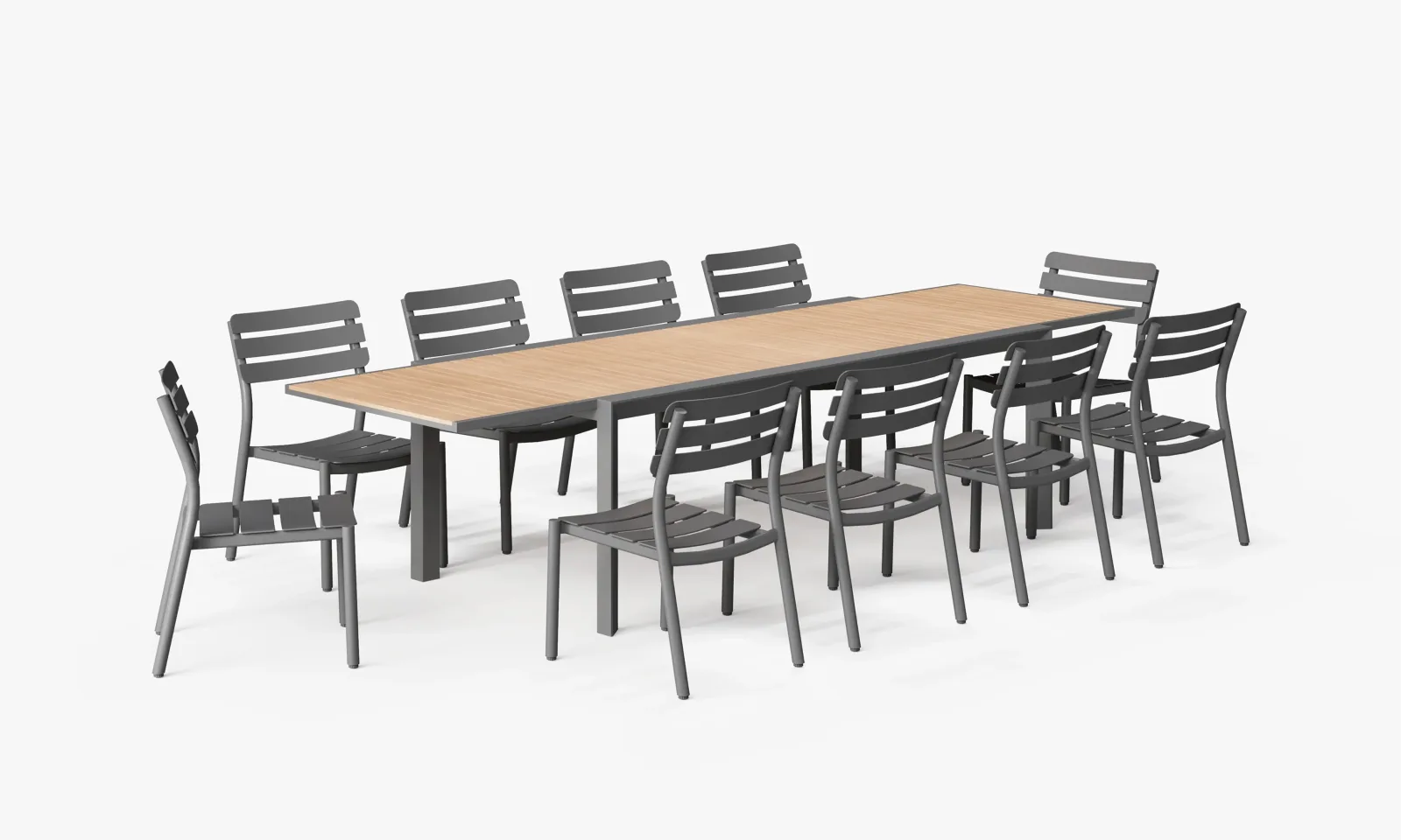 Teak + Aluminum Outdoor Extendable Dining Table + 10 595 Armless Chairs