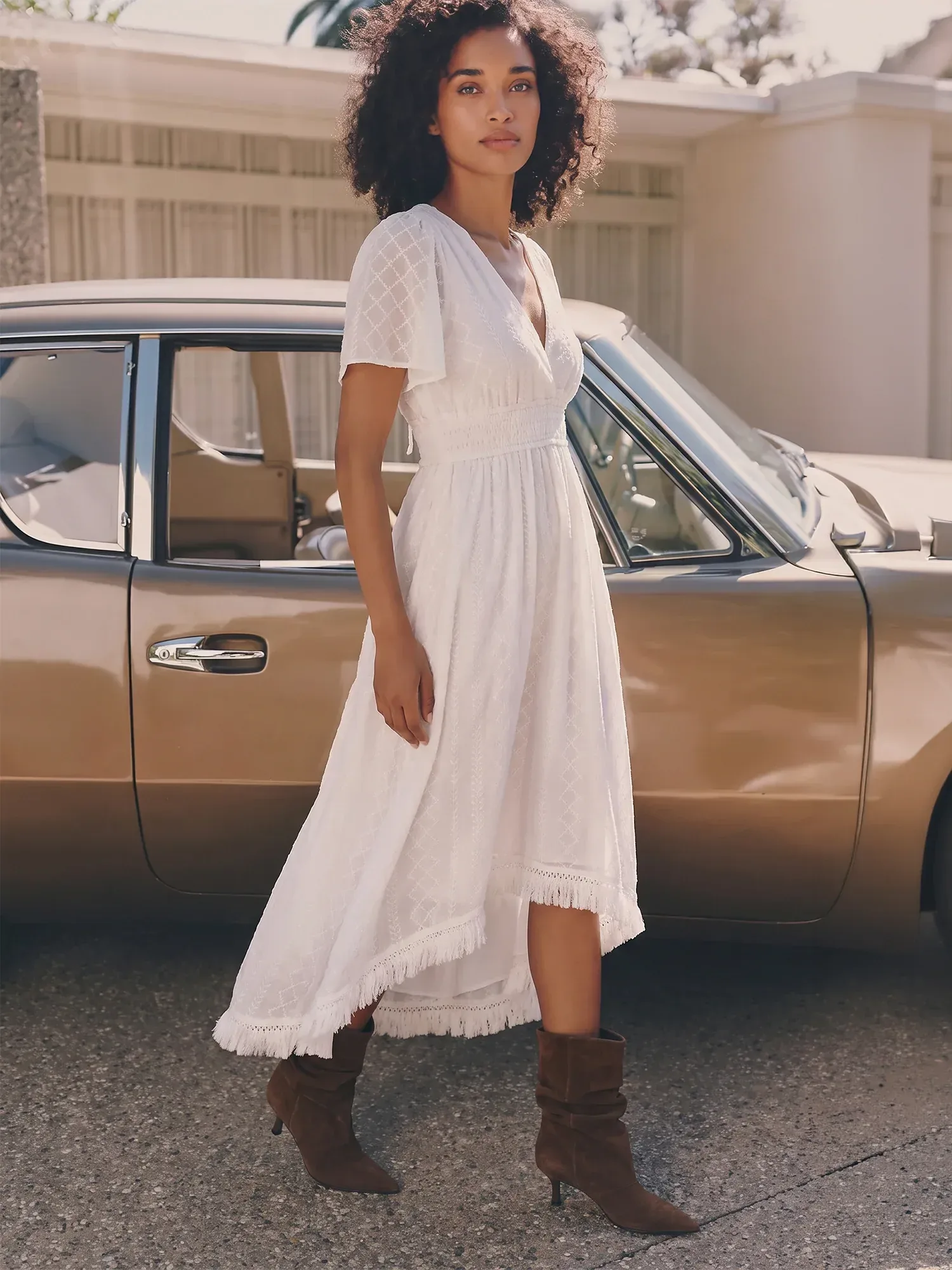Cap Sleeve Surplice Bodice High Low Midi Dress