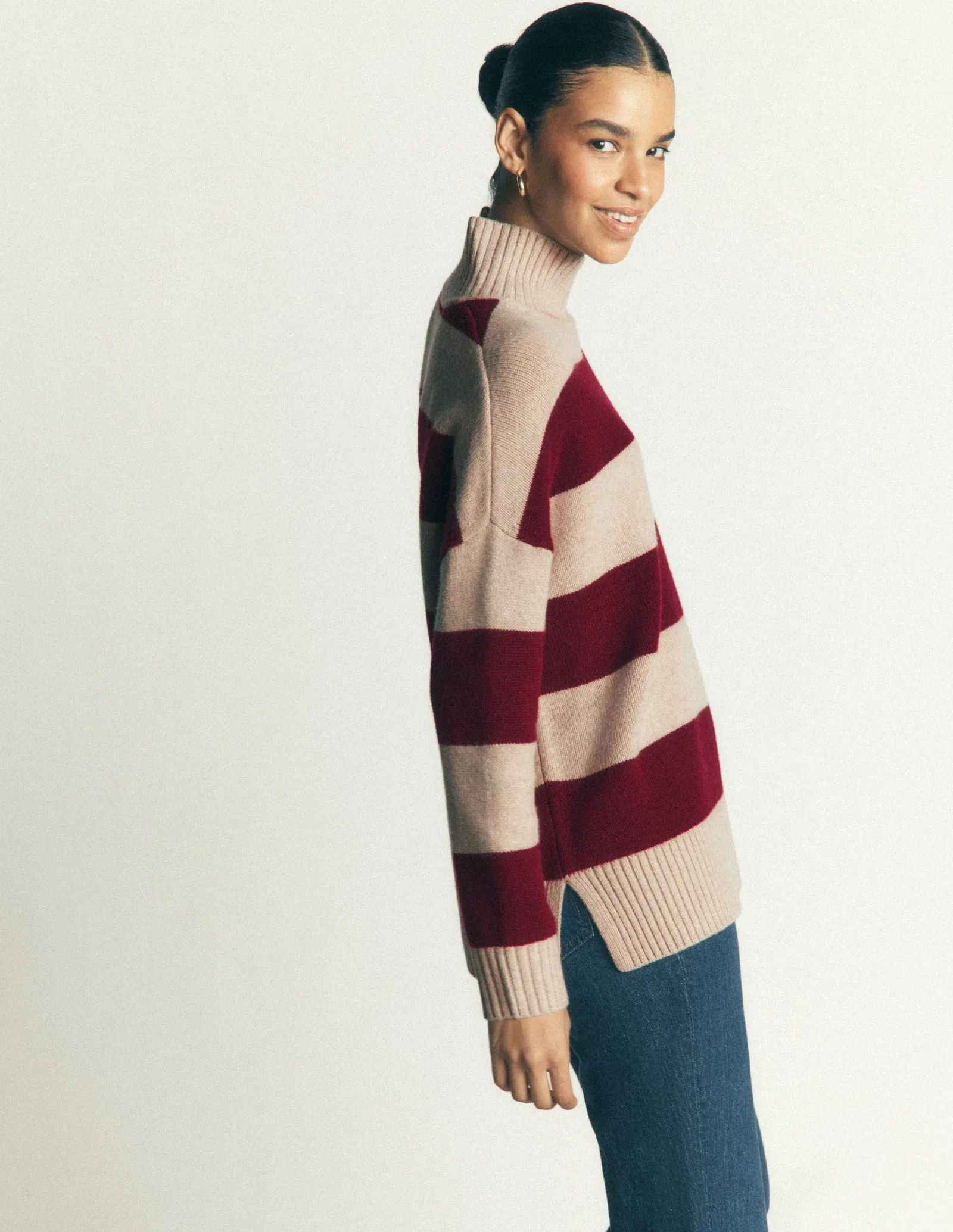 Marta Longline Merino Jumper-Merlot, Oatmeal Stripe
