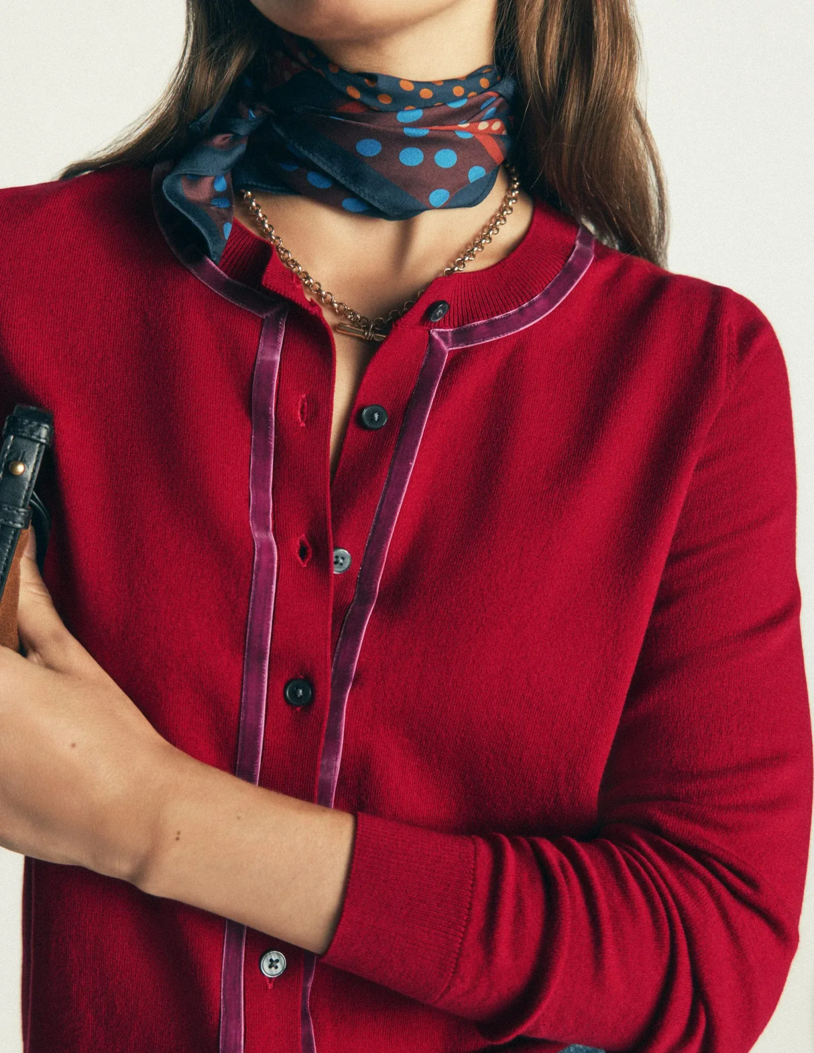 Violet Velvet Trim Cardigan-Crimson Red