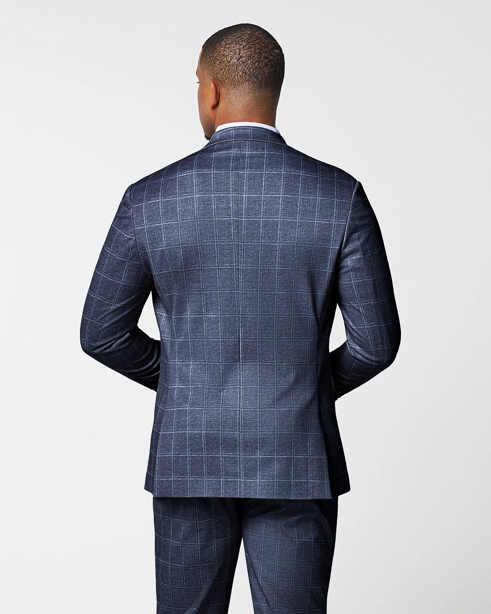 Athletic Fit Stretch Blazer – Textured Navy with White Windowpane