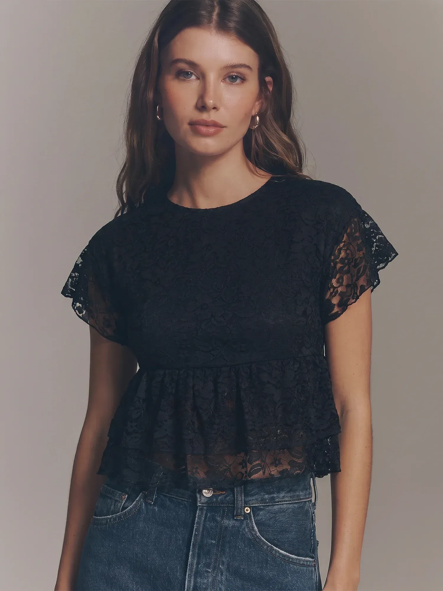 Short Sleeves Ruffle Lace Crew Neck Overlay Top