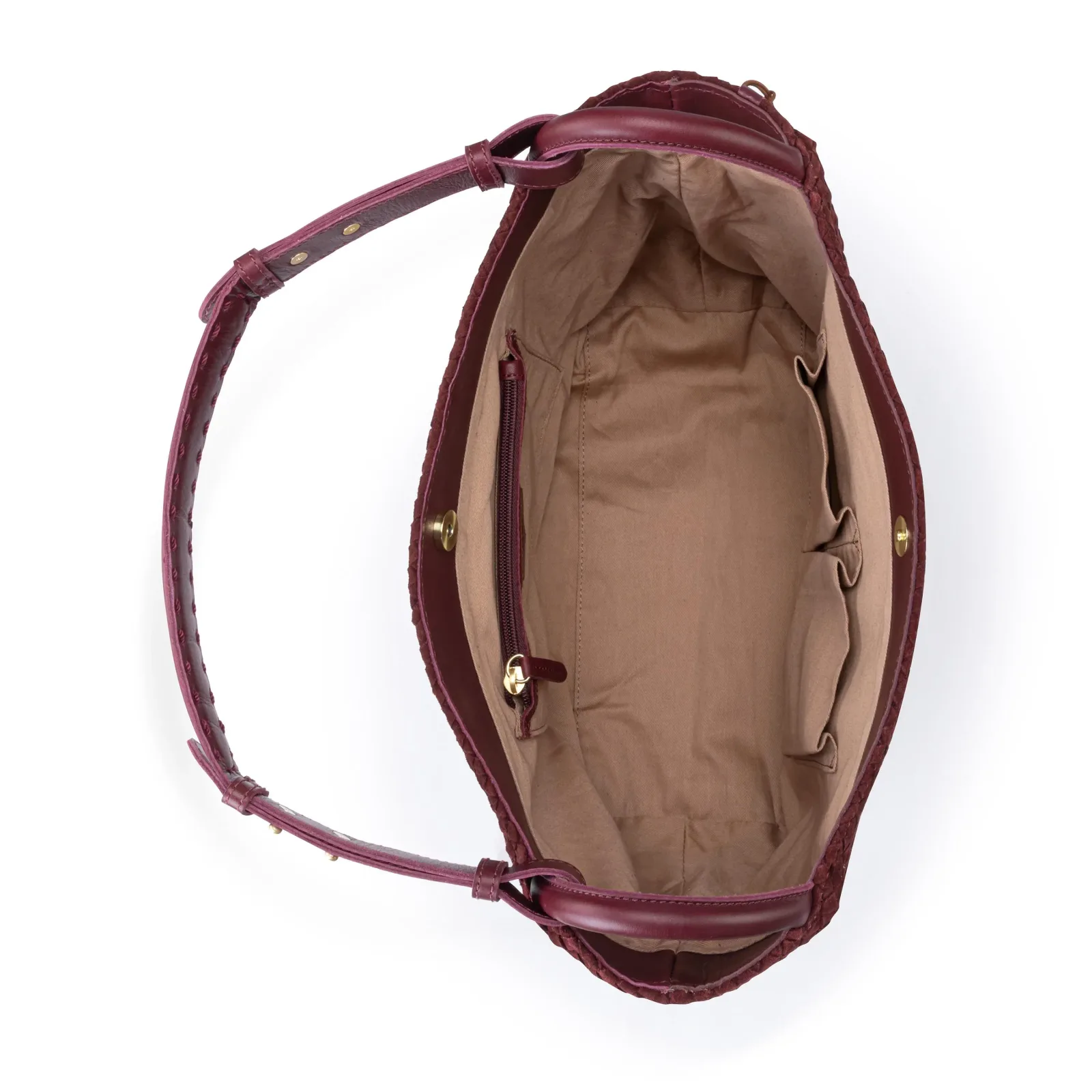 Los Feliz Medium Tote – Leather – Black Cherry Suede Woven