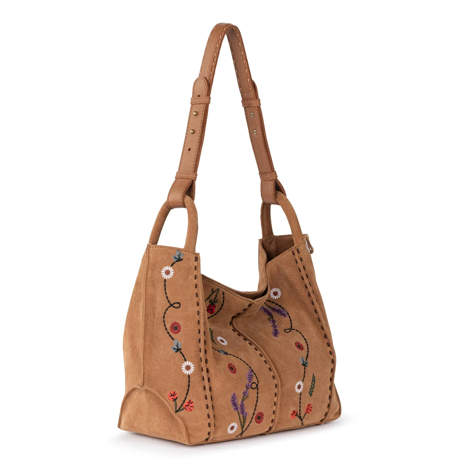 Los Feliz Medium Tote – Leather – Tan Suede Whimsy Floral Embroidery