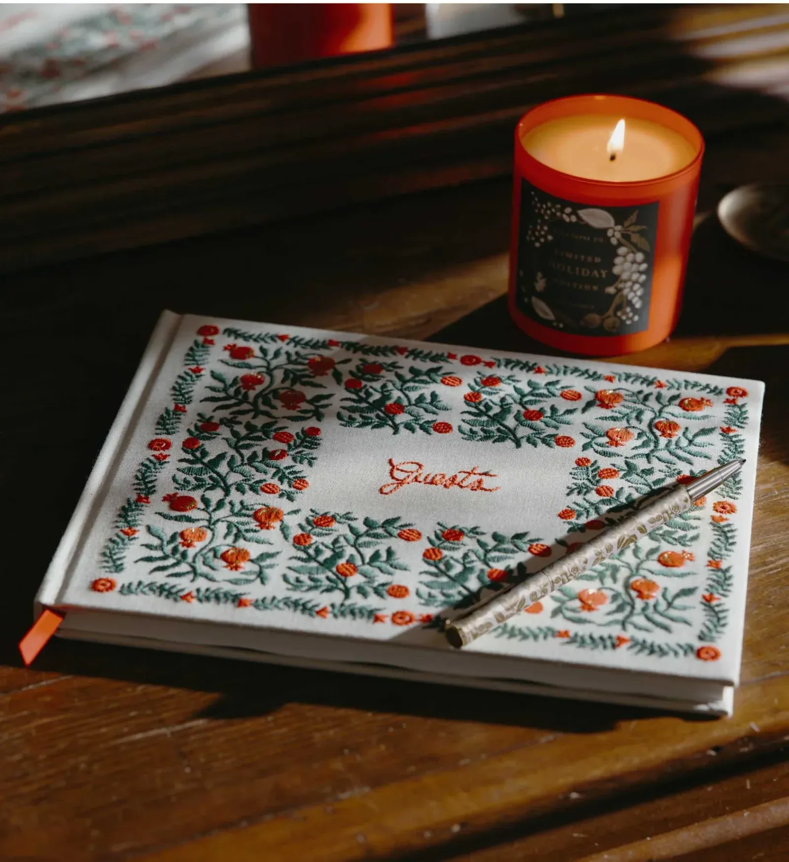 Embroidered Guest Book – Christmastide Pomegranate